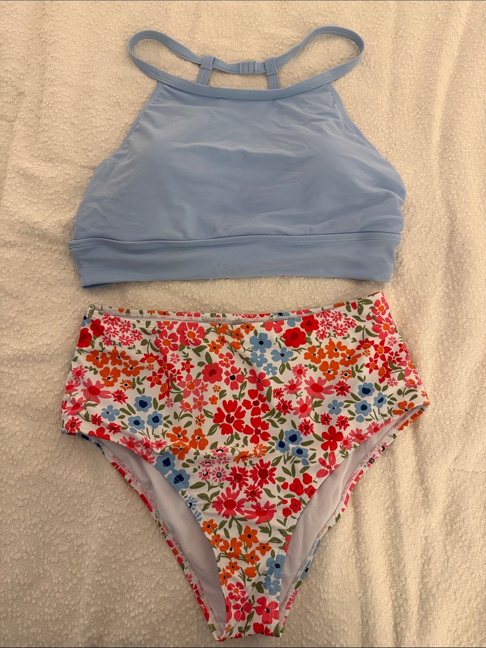 Light Blue Tank Bikini Top with Floral High-Waist Bikini Bottoms